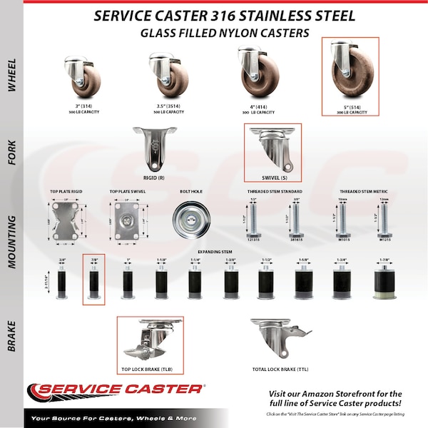 Service Caster 5 Inch 316SS High Temp Glass Filled Nylon 7/8 Inch Stem Caster Brake SCC, 2PK SCC-SS316EX20S514-GFNSHT-2-TLB-2-78 - main